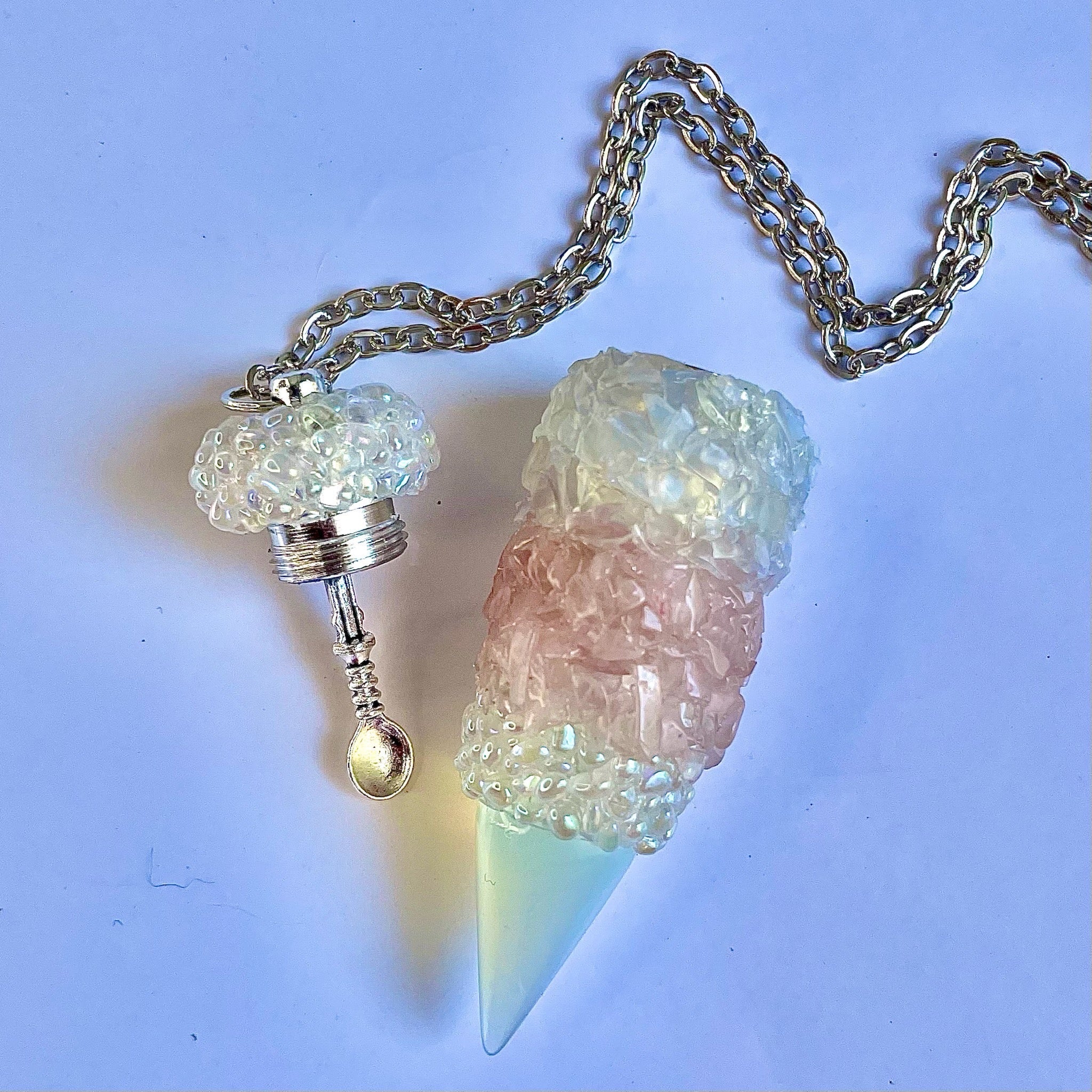 Snuff Vial with Spoon Necklace Pendant + Spoon Inside Lid