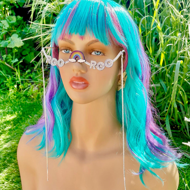 Rhinestone & Chain Fringe Silver and Clear Lenseless No Lense Glasses 2024 Festival Outfit Rave Face Piece Unisex Genderless Accessories Clubwear