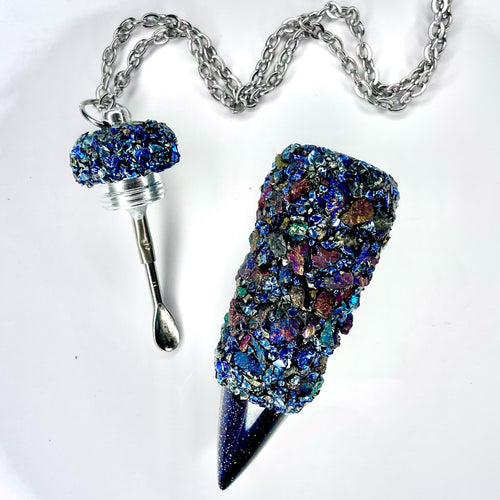 Snuff Vial With Spoon - Dark Blue and Peacock Stones